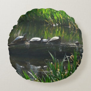Row of Turtles Green Nature Photo Round Pillow
