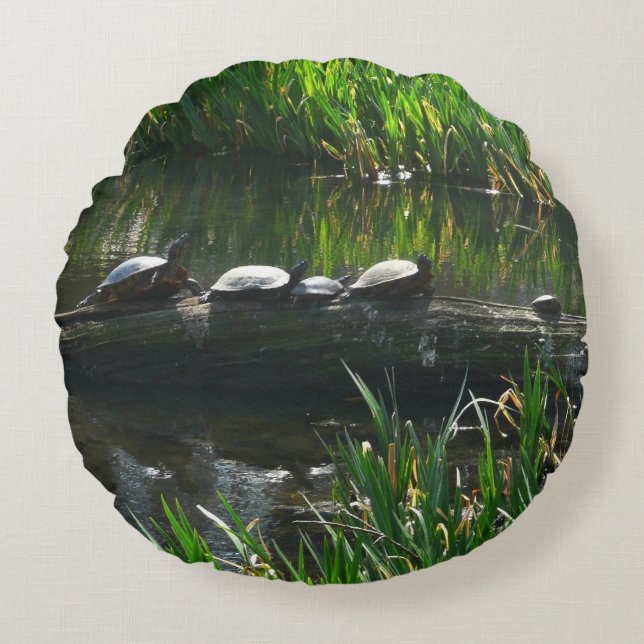 Row of Turtles Green Nature Photo Round Pillow (Front)