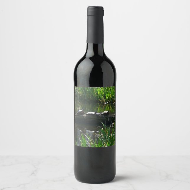 Row of Turtles Green Nature Photo Wine Label (Front)