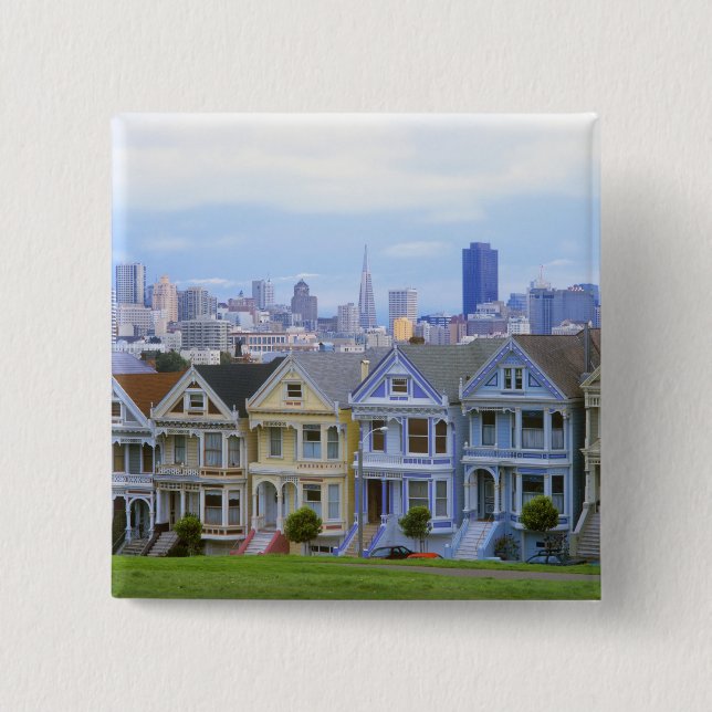 Row of Victorian Homes 2 Inch Square Button (Front)