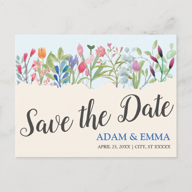 Row of Watercolor Wildflower Save the Date Wedding Postcard (Front)