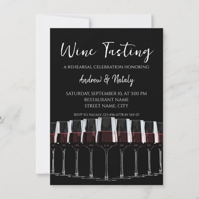 Row of wine glasses with red wine on black. invitation (Front)