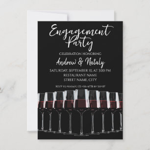 Row of wine glasses with red wine on black invitation