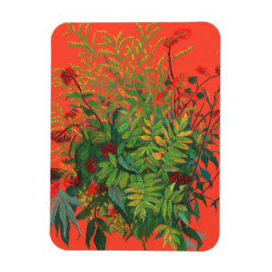 Rowan Leaves & Red Berries on Orange Modern Floral Magnet