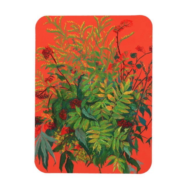 Rowan Leaves & Red Berries on Orange Modern Floral Magnet (Vertical)