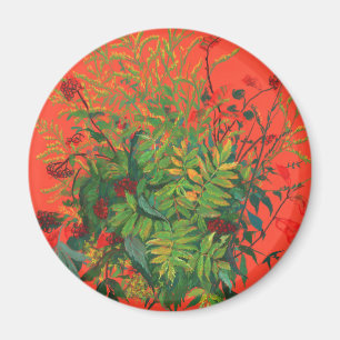 Rowan Leaves & Red Berries on Orange Modern Floral Magnet