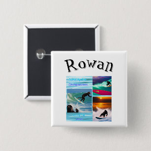 Rowan Name With Surfing Chimpanzees, 2 Inch Square Button