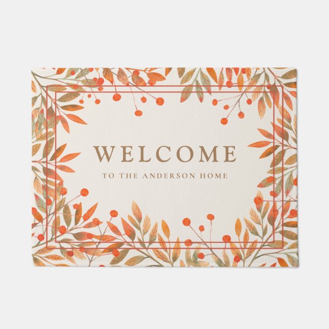 Rowan Red Berries & Fall Leaves Custom Botanical Doormat (Front)