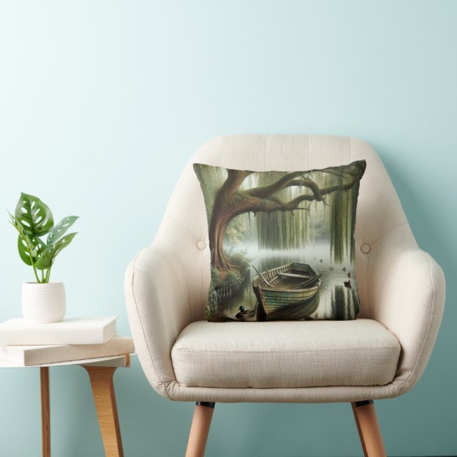 Rowboat Under a Weeping Willow Tree Throw Pillow (Chair)