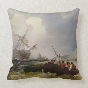 Rowing Boat Going to the Aid of a Man-o'-War in a Throw Pillow