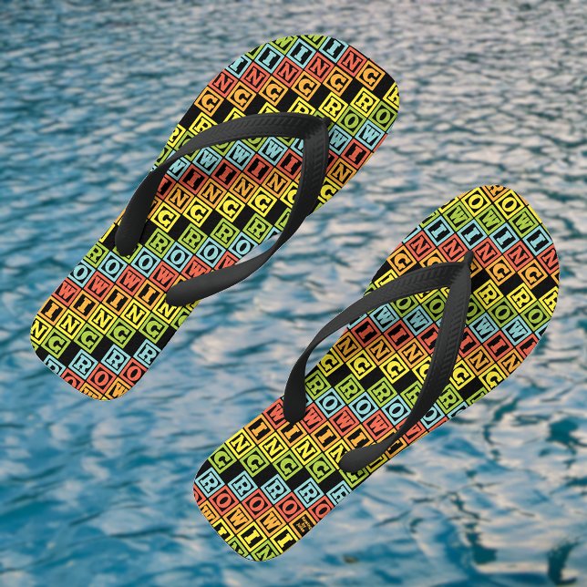 Rowing colourful lettering pattern flip flops (This example: wide black straps)
