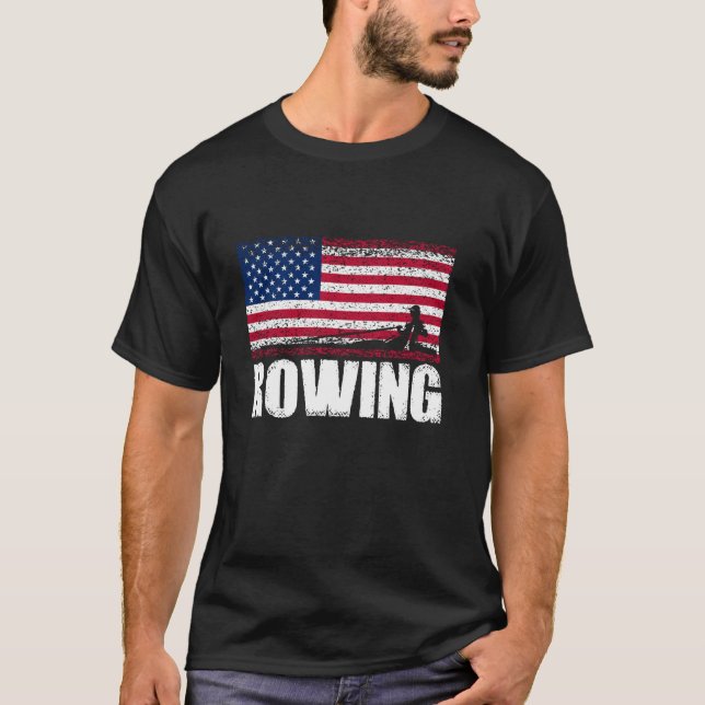 Rowing Sports Retro American Flag USA America Boat T-Shirt (Front)