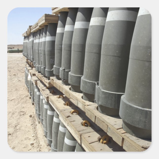 Rows of ammunition are stacked and prepped square sticker (Front)