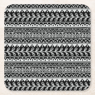 Rows of Black and White Doodle Patterns Square Paper Coaster