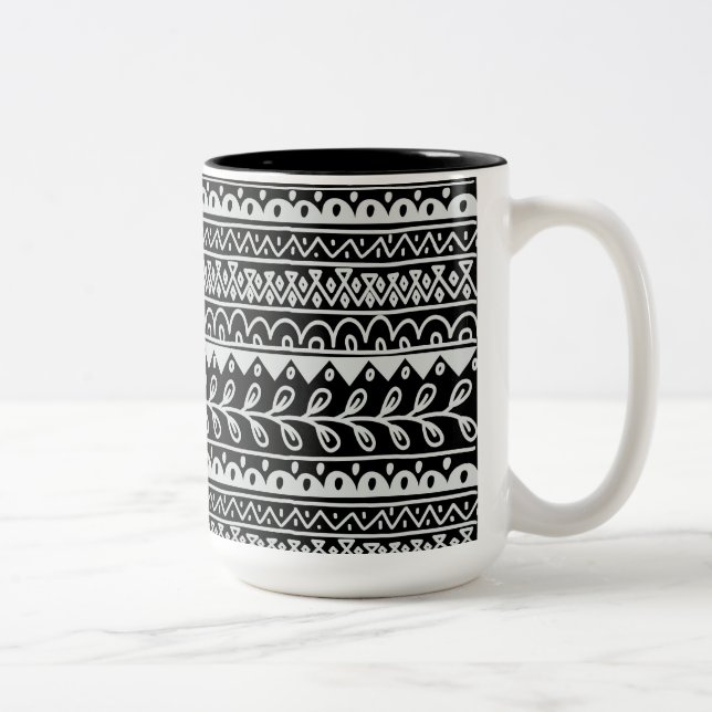 Rows of Black and White Doodle Patterns Two-Tone Coffee Mug (Right)