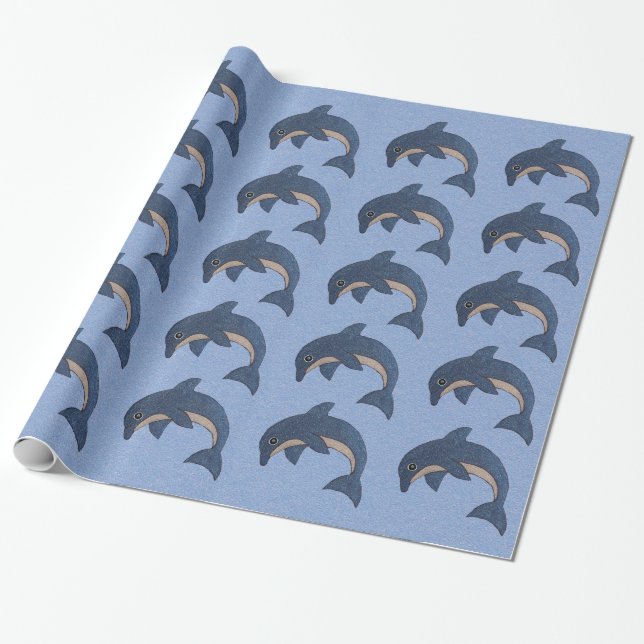 Rows of Glittery Dark Blue White Jumping Dolphins Wrapping Paper (Unrolled)