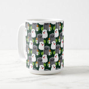 ROWS OF HALLOWEEN GRAVE STONES & WHITE GHOSTS COFFEE MUG