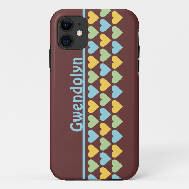 Rows of hearts pattern blue green personalize name Case-Mate iPhone case (Back)