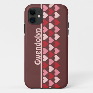 Rows of hearts pattern red pink personalized name iPhone 11 case