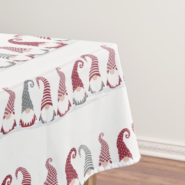 Rows of holiday gnomes in the snow tablecloth (In Situ)