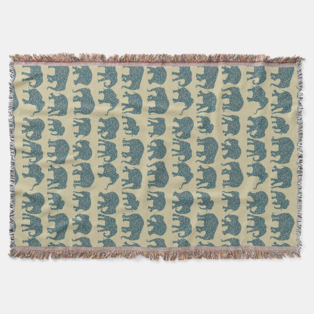 Rows of Paisley Elephants on Beige Throw Blanket (Front)