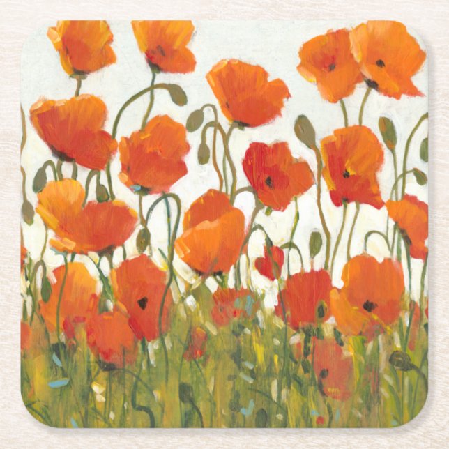 Rows of Poppies I Square Paper Coaster (Front)