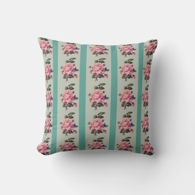 Rows of Roses on Soft Blue Throw Pillow (Front)