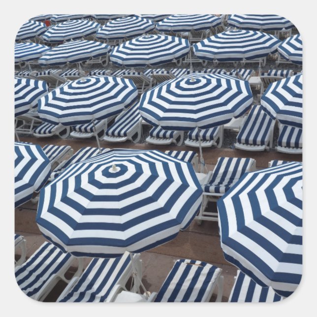 Rows Of Striped Beach Umbrellas With Sun Beds Square Sticker (Front)