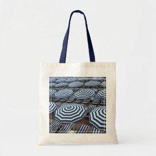 Rows Of Striped Beach Umbrellas With Sun Beds Tote Bag