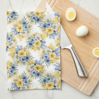 ROWS OF TINY BLUE YELLOW WHITE FLOWERS KITCHEN TOWEL