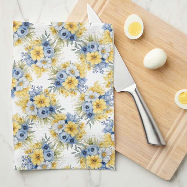 ROWS OF TINY BLUE YELLOW WHITE FLOWERS KITCHEN TOWEL (Quarter Fold)