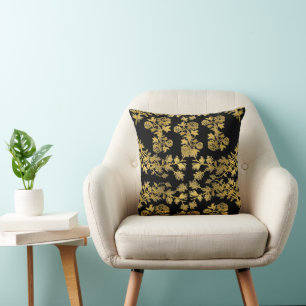 Royal Aesthetic Gold Flora Baroque on Black Throw Pillow