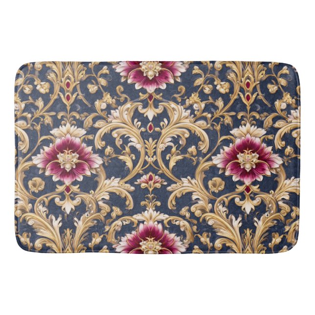 Royal Baroque Floral on Deep Blue Bath Mat (Front)