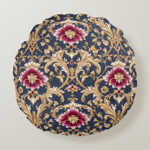 Royal Baroque Floral on Deep Blue Round Pillow