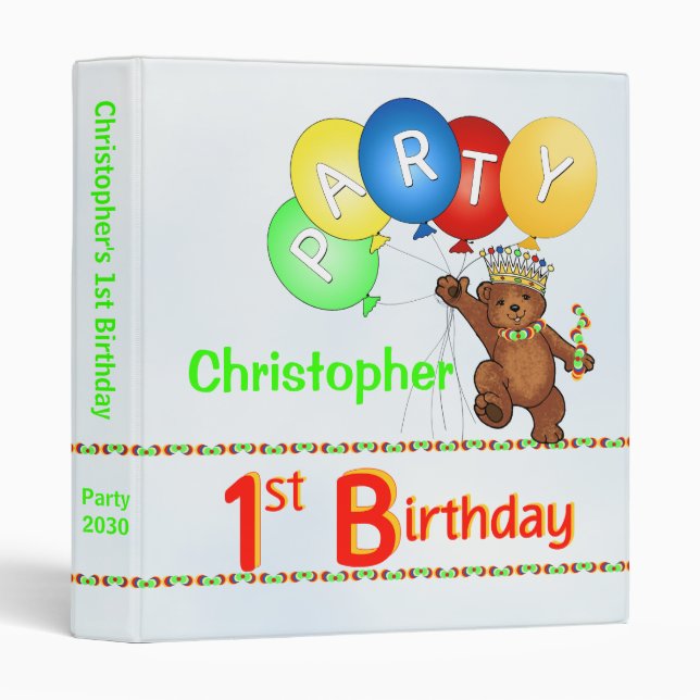 Royal Bear 1st Birthday Party Memories 1 Inch Binder (Front/Spine)