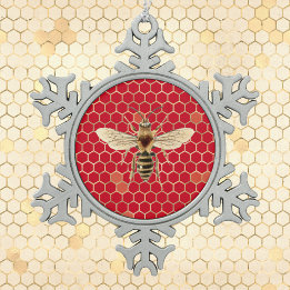 Royal Bee and Honeycomb on Red Snowflake Pewter Christmas Ornament