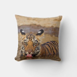 Royal Bengal Tiger cub, drinking water Throw Pillow
