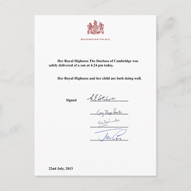 Royal Birth Announcement Postcard (Front)