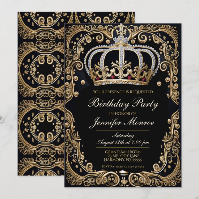 Royal Birthday Party Crown Ornate Invitation (Front/Back)