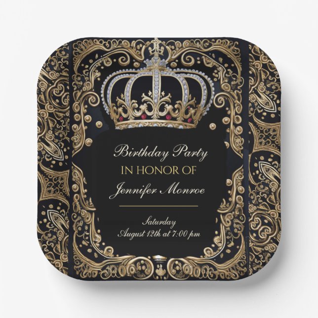Royal Birthday Party Crown Ornate Invitation Paper Plate (Front)