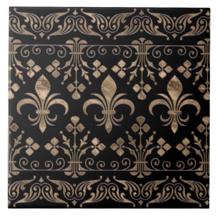 Royal black and gold Fleur-de-lis ornament Tile