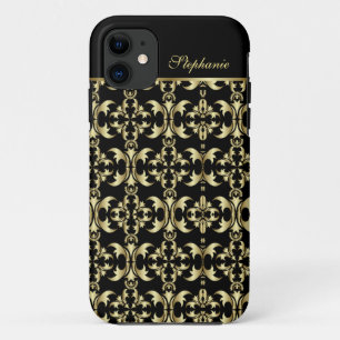 Royal Black and Gold Monogram Damask iPhone 11 Case
