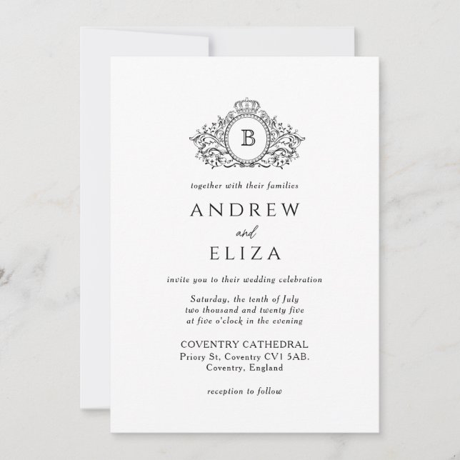 Royal, Black and White Crest Monogram Wedding Invitation (Front)