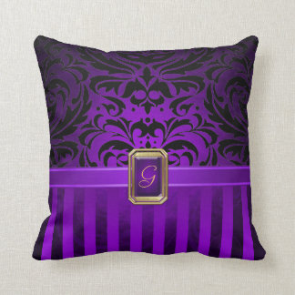 Royal Black Damask Purple Pinstripe Faux Jewel Throw Pillow