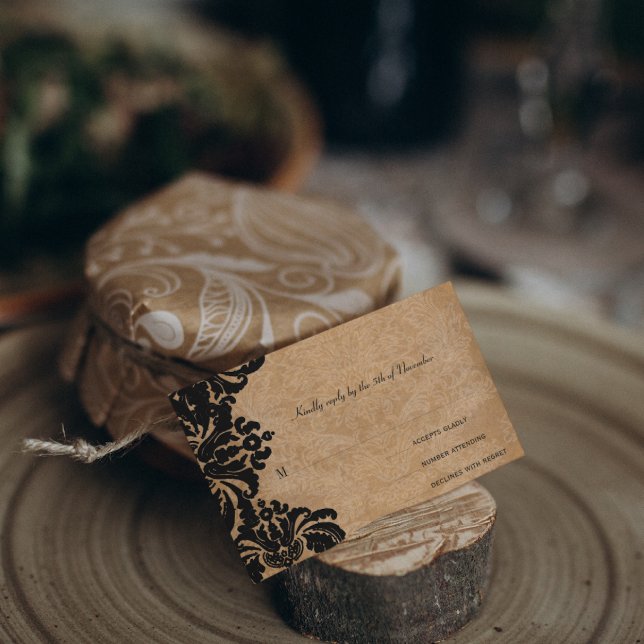 Royal Black Damask Wedding RSVP Card (Creator Uploaded)
