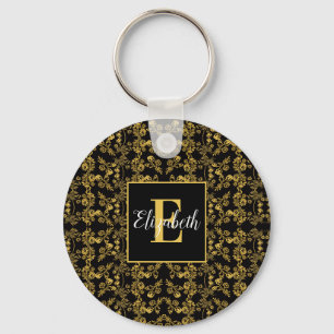 Royal Black & Gold Damask Floral Custom Name Keychain