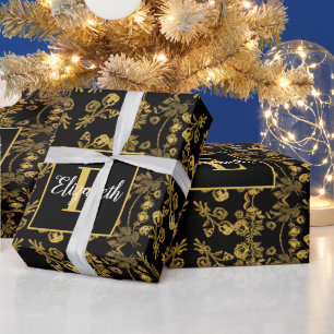 Royal Black & Gold Damask Floral Custom Name Wrapping Paper