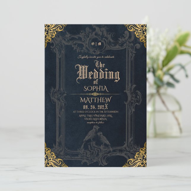 Royal Black Gold Fantasy Medieval Wedding  Invitation (Standing Front)