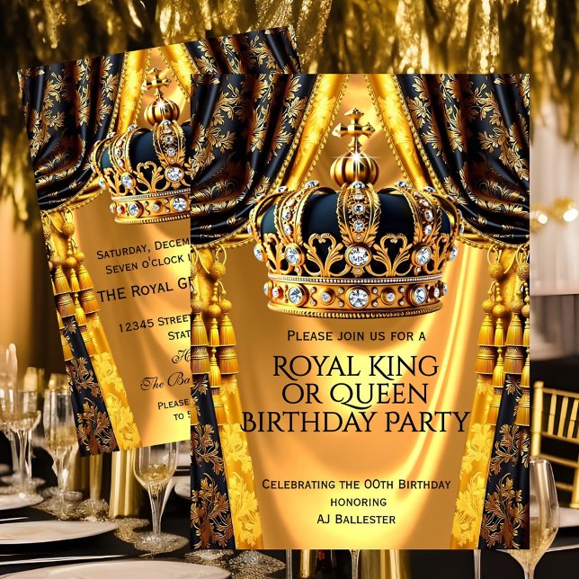 Royal Black Gold King Queen Crown Birthday Party Invitation (Creator Uploaded)