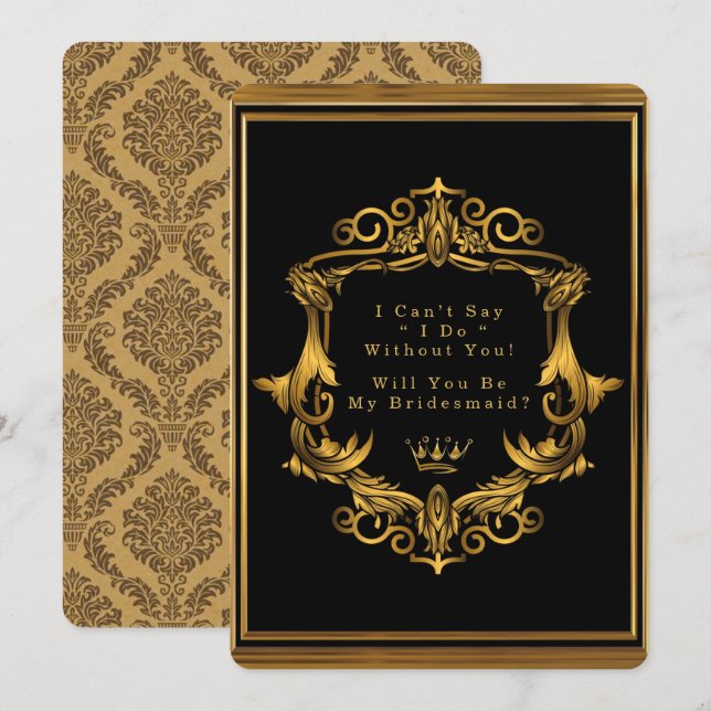 Royal Black Gold Nouveau Will You Be My Bridesmaid Invitation (Front/Back)